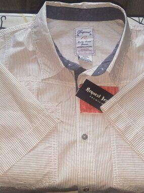 Request Jeans Men's 2X White Short Sleeve Button Shirt Brown Thin Stripes FRE SH